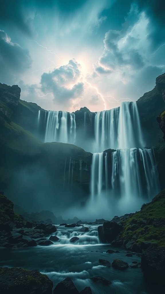 A dramatic waterfall cascading under a stormy, lightning-lit sky.