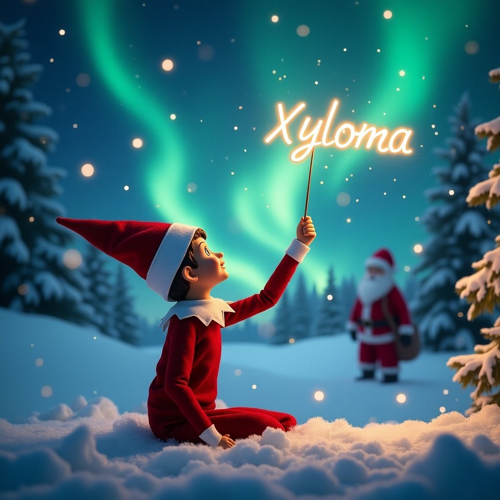 An enchanting Christmas scene with an elf on the shelf. The elf sits gazing upwards, using a wand to write names in the night sky. The background features stunning northern lights and a distant Santa Claus. Snow blankets the ground.