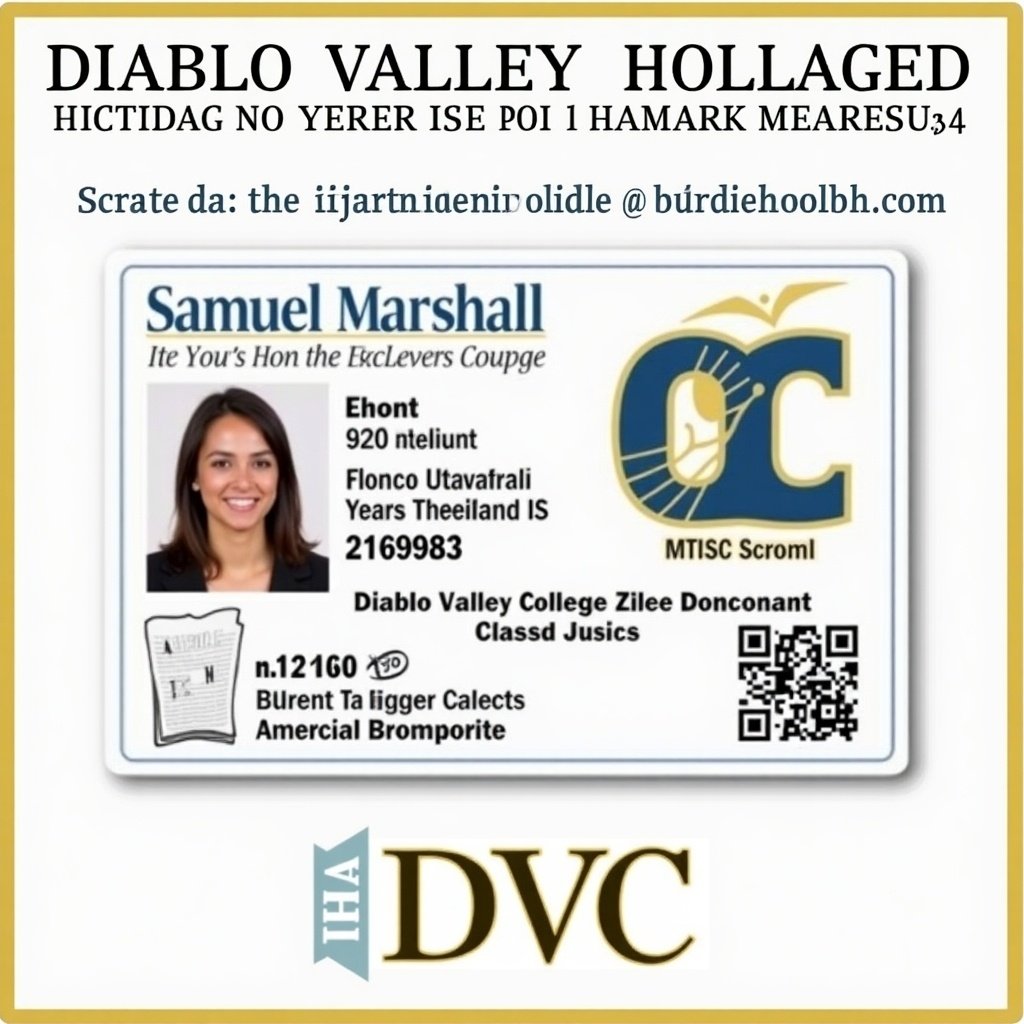 Image shows a scanned student ID card from Diablo Valley College. It displays key information including student name and ID number. The design incorporates institution branding. This ID card is used for identification within an academic environment.