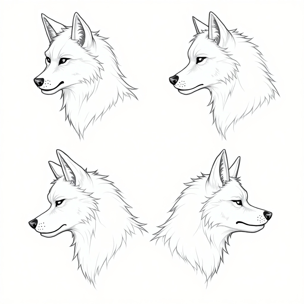 Furry wolf character head turn-around sheet. Shows multiple angles, up down, left, right. Head sketches, line art, for reference.