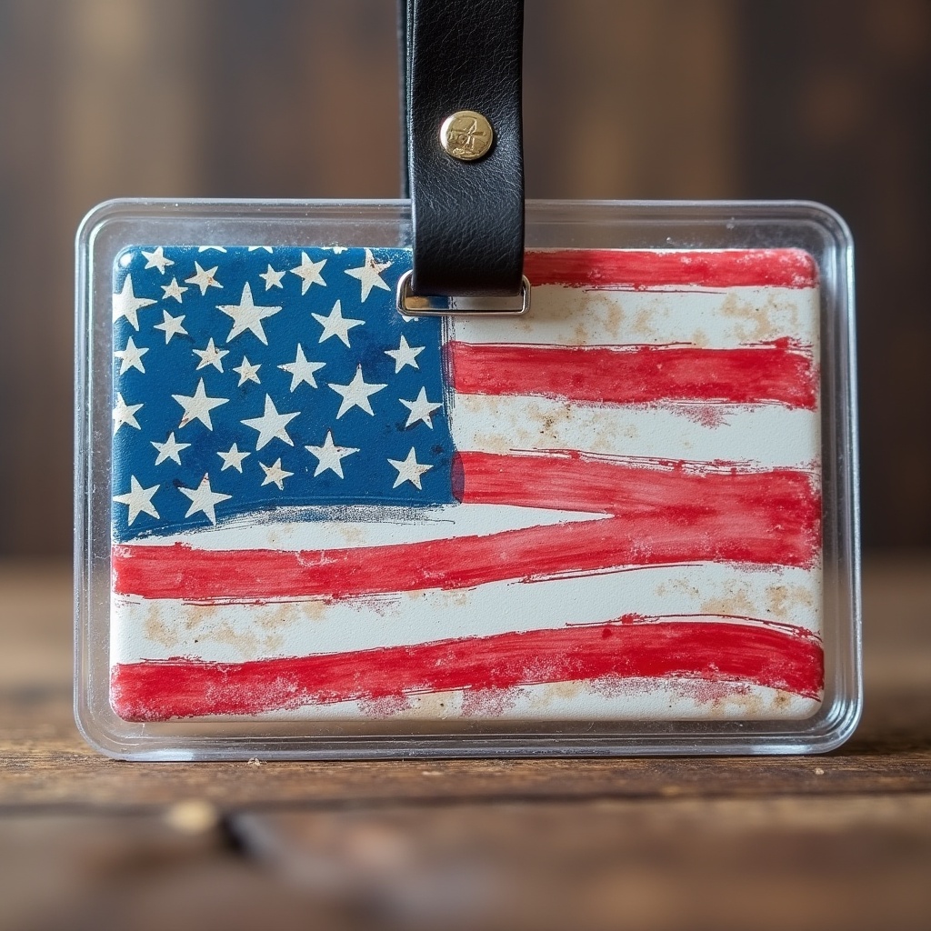 A novelty ID with American flag theme designed with fictional details. Features American flag painted design.