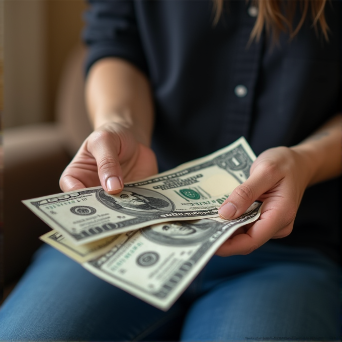 A person in a dark shirt counting a handful of U.S. hundred-dollar bills.