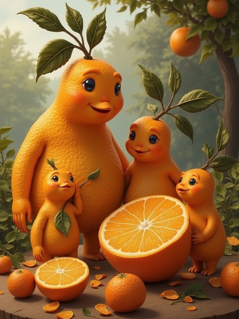 A family of friendly orange characters stands around a cut orange on a wooden stump. The characters have leaf-like features. The scene includes a serene backdrop of trees and orange fruits in the background. The atmosphere feels cheerful and playful.