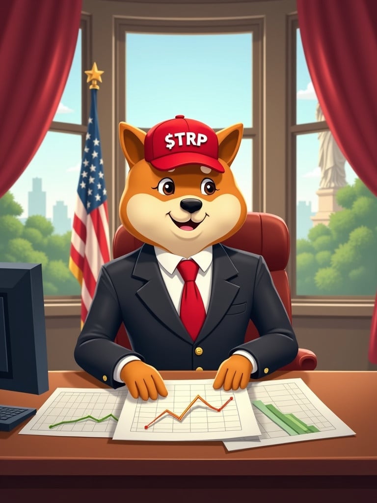 Animated cartoon character with the head of a Shiba dog in a black suit and red tie. Character is behind a wooden desk. Papers and financial graphs are on the desk. Background features large windows with red curtains and an American flag. A computer is present on the desk.