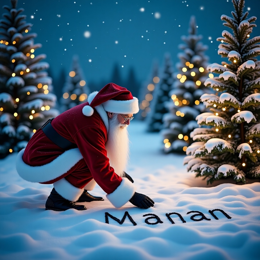 Santa is outdoors in a snowy landscape. Christmas trees are lit around him. He is writing 'Manan' in the snow.