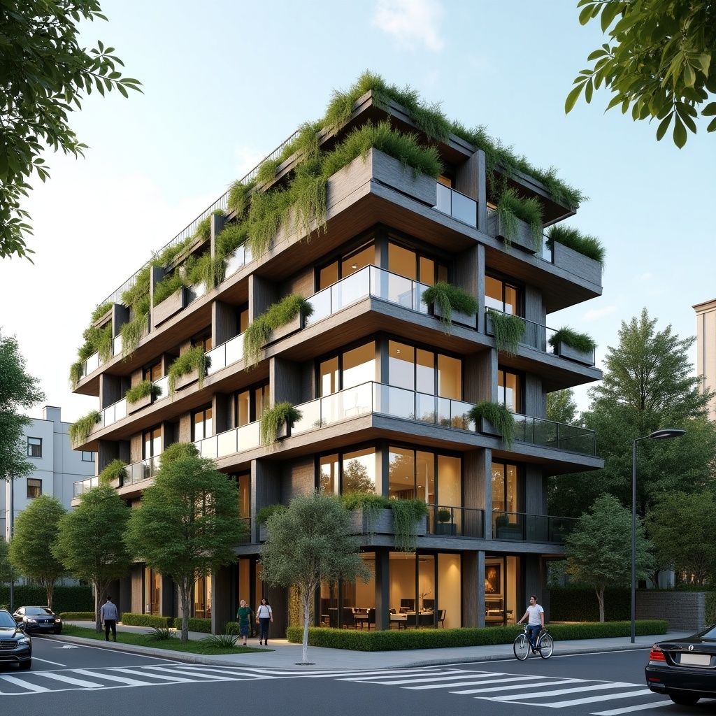 Image of a modern 3-floor building with residential apartments. Each unit features balconies with potted greenery. Abundant glass windows for natural light. Encourages accessibility and foot traffic. Ideal for urban spaces with a mix of nature and contemporary design.