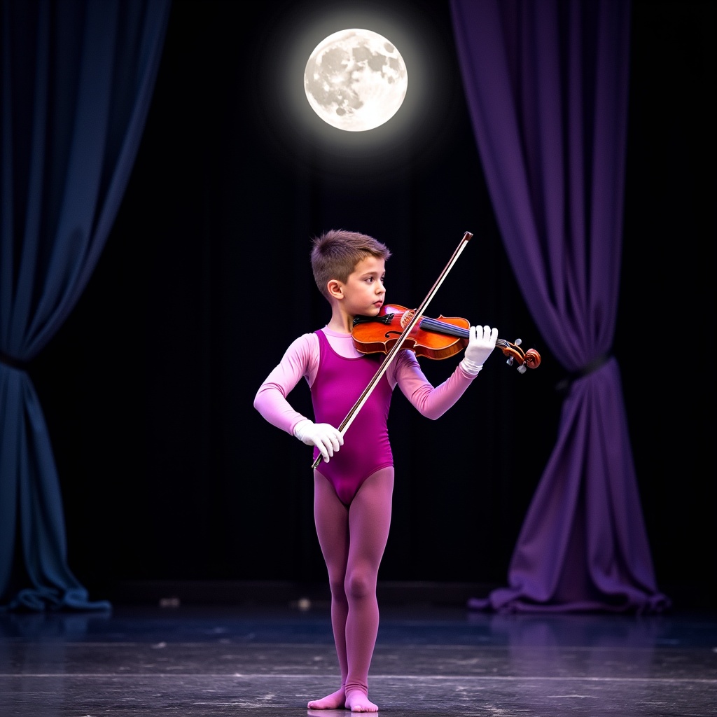 A young performer dressed in shiny dark lilac tights and a pink long-sleeve one-piece swimsuit plays the violin. The scene is calm with dark curtains. A large luminous moon hangs above, lighting the performance. Focus on the performer's dedication.