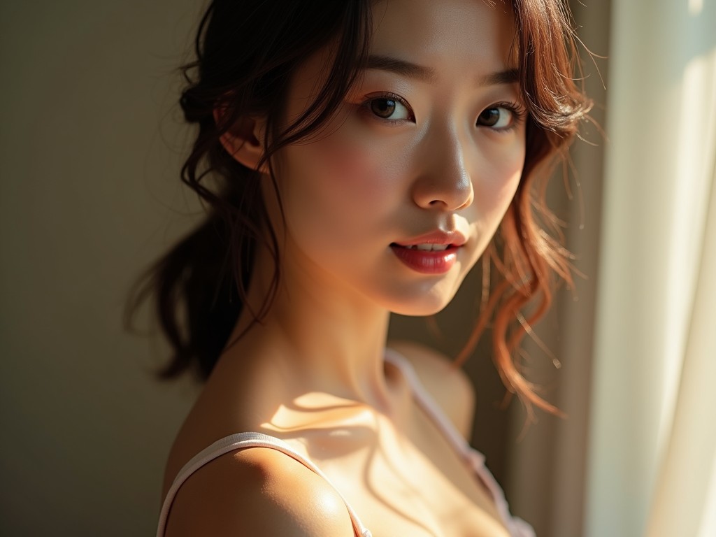 The image portrays a young woman gazing towards the camera, bathed in the soft glow of morning light. Her expression is serene and contemplative, while the natural lighting enhances the warmth of her skin tone and the gentle waves of her hairstyle. The background is blurred, drawing attention to her subtle features and creating an intimate, gentle ambiance.