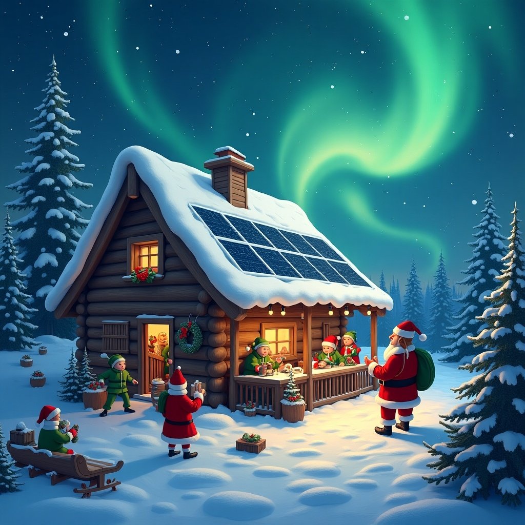 Santa Claus's workshop powered by solar panels. A cozy log cabin surrounded by snow. Elves and Santa work together. Northern Lights illuminate the sky. Christmas decorations abound.