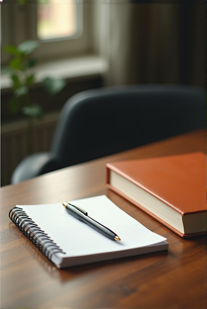 A notebook with a pen and a closed book rest on a wooden table near a window.