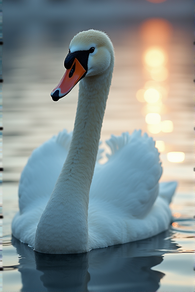 A graceful swan glides peacefully across the water at sunset.