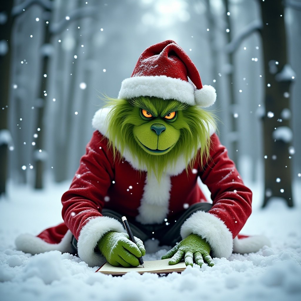 A green creature dressed in a red Santa outfit. It writes a message in snow. Snow falls around it. Trees covered in snow form the background.