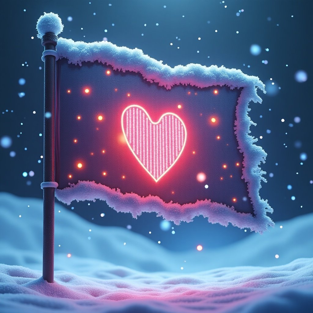 Futuristic banner flag uses digital screen instead of cloth. Flag adorned with snow. Heart symbol glowing in the center. Soft light surrounding the flag in a snowy landscape.