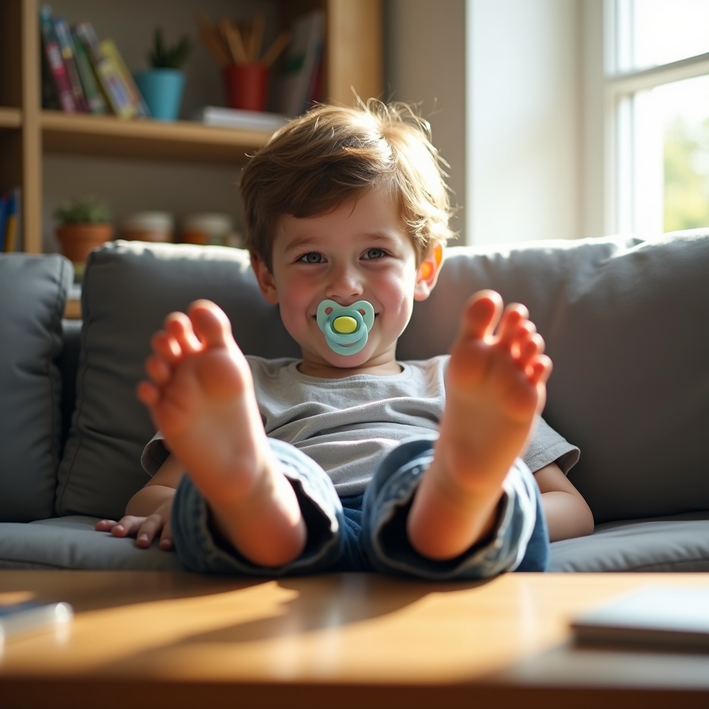 A boy sits on a couch with his bare feet on a coffee table. The boy is smiling and relaxed. Sunlight shines through the window, illuminating the room. He has light brown hair and is using a pacifier.