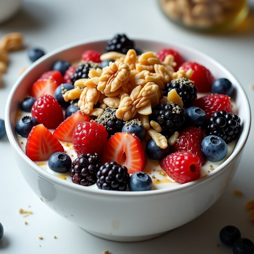 A large bowl of yogurt topped with mixed berries including strawberries, blueberries, blackberries, and raspberries. The bowl is filled with granola and walnuts, sprinkled with chia seeds, and drizzled with honey. The scene is ultra realistic and visually appealing.