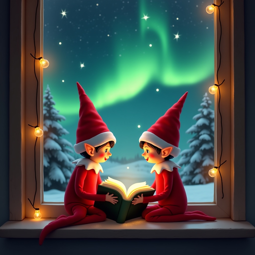 This enchanting image depicts two cheerful elves on the shelf, dressed in iconic red outfits with pointy hats, sitting by a window. They are engrossed in a book illuminated by a soft glow, suggesting the exchange of holiday secrets. Outside, the spectacular northern lights dance in vibrant greens and blues, creating a magical backdrop. Delicate holiday lights frame the window, adding to the festive atmosphere. The overall mood is warm and inviting, perfect for celebrating the spirit of Christmas and anticipation for visits from Santa.