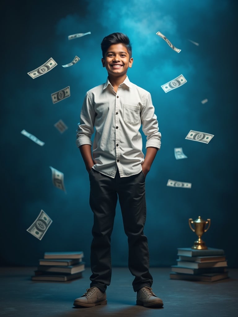 A Nepali youth boy stands tall and confident. He is dressed sharply in simple clothes resembling a successful young boy from prosperous countries. His outfit conveys wealth in a humble way. He stands proudly with a full-body view. The background symbolizes hope and success with flying money, books, a trophy, and a laptop. The scene is under cool blue light reflecting triumph and accomplishment. The overall atmosphere conveys a sense of achievement.