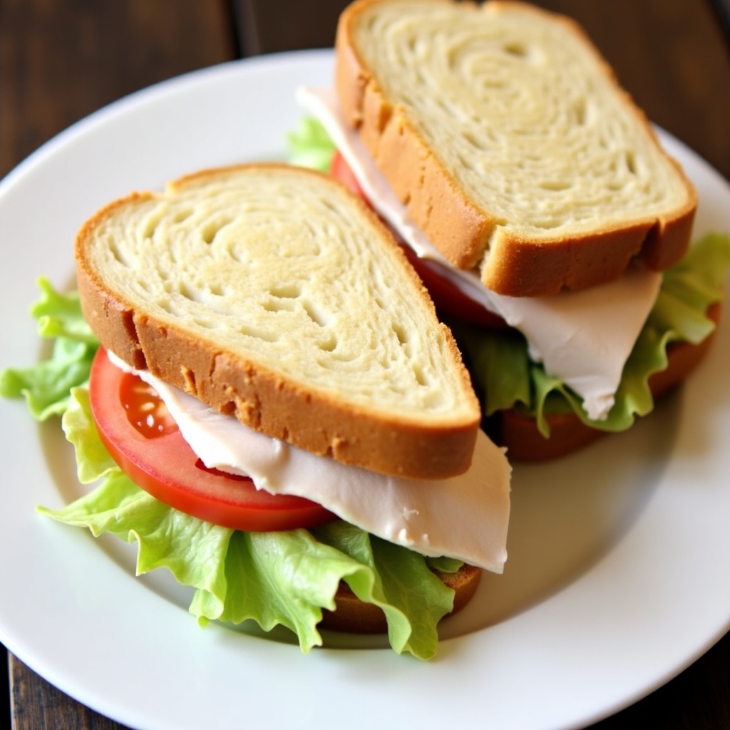 The image showcases a delicious sandwich made with layers of smoked turkey and white cheese nestled between two pieces of cocked toast. Fresh iceberg lettuce and ripe tomato slices provide a vibrant contrast to the bread. The sandwich is presented on a white plate, inviting viewers to take a bite. Natural lighting enhances the colors, making the ingredients look fresh and appealing. This simple yet appetizing dish is perfect for a healthy lunch or a quick snack.