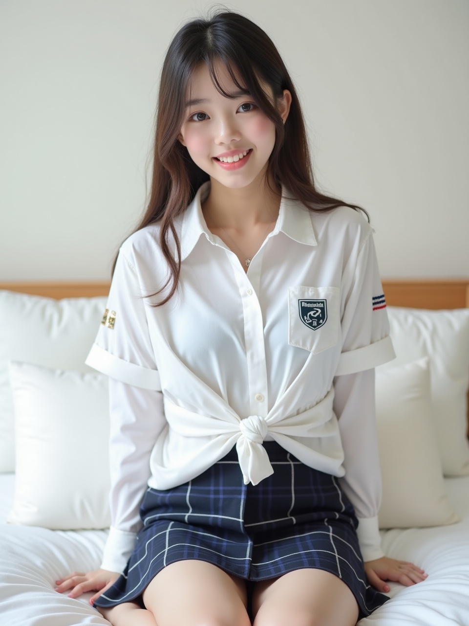 Young woman sitting on a bed wearing a white blouse and checkered skirt, smiling.