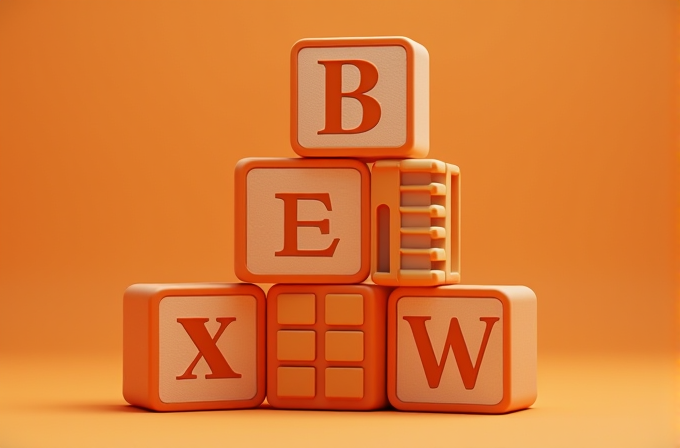 Orange children's alphabet blocks stacked in a pyramid on an orange background.