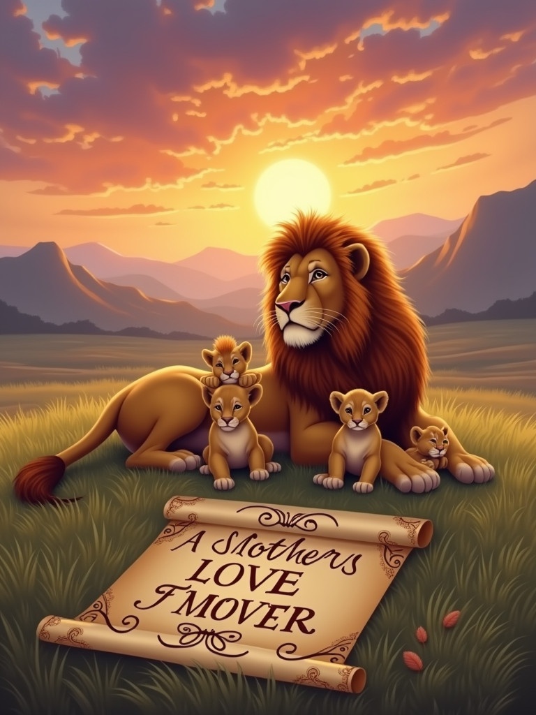 Lioness laid with her three cubs at sunset. Mountains in the background. Scroll with the words A MOTHER'S LOVE LAST FOREVER.