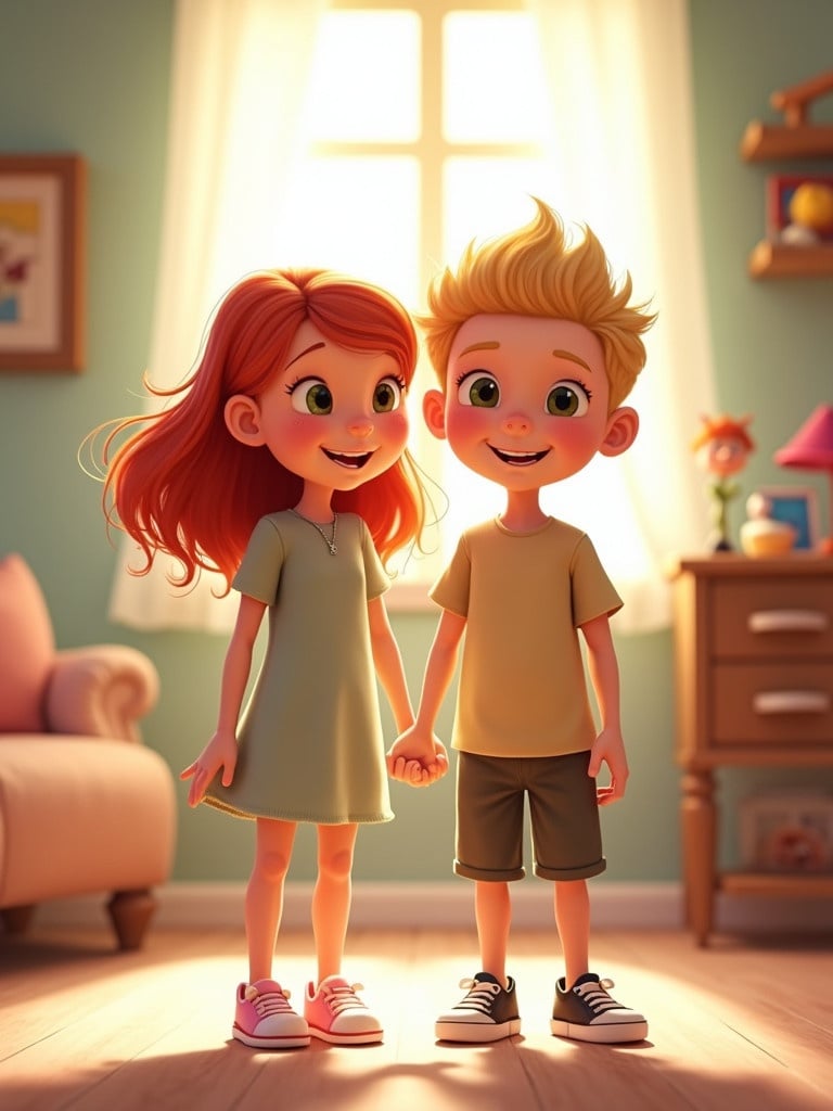 Two animated children stand together portraying joy and friendship. A redhead girl and a blonde boy in a cozy room. Soft light floods the space. The girl wears a light dress and sneakers. The boy wears a casual shirt and shorts. Background includes toys and colorful decor.