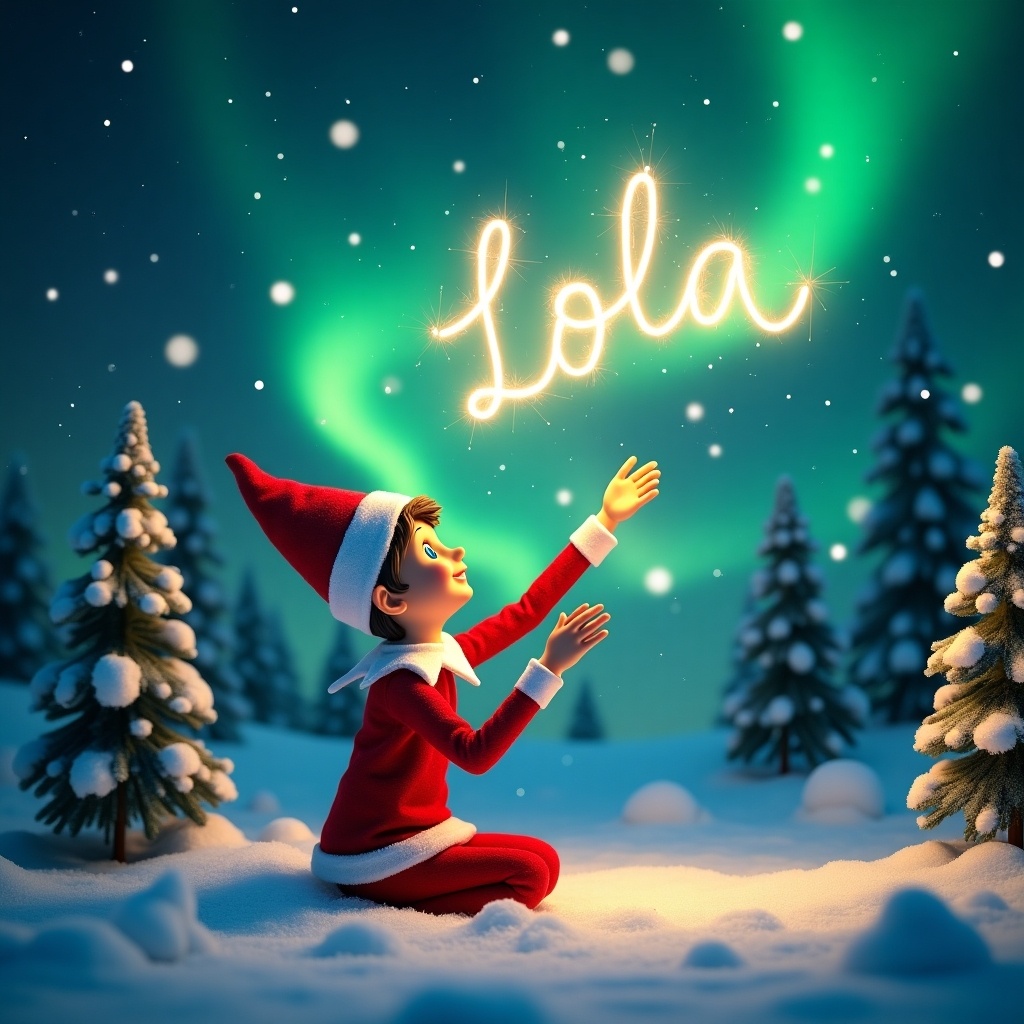 Enchanting winter scene featuring a playful elf in the snow. Elf dressed in festive red costume joyfully writes name 'Lola' in the sky using glowing light. Vibrant greens of northern lights illuminate the night sky. Snow-covered pine trees surround elf, enhancing festive atmosphere.