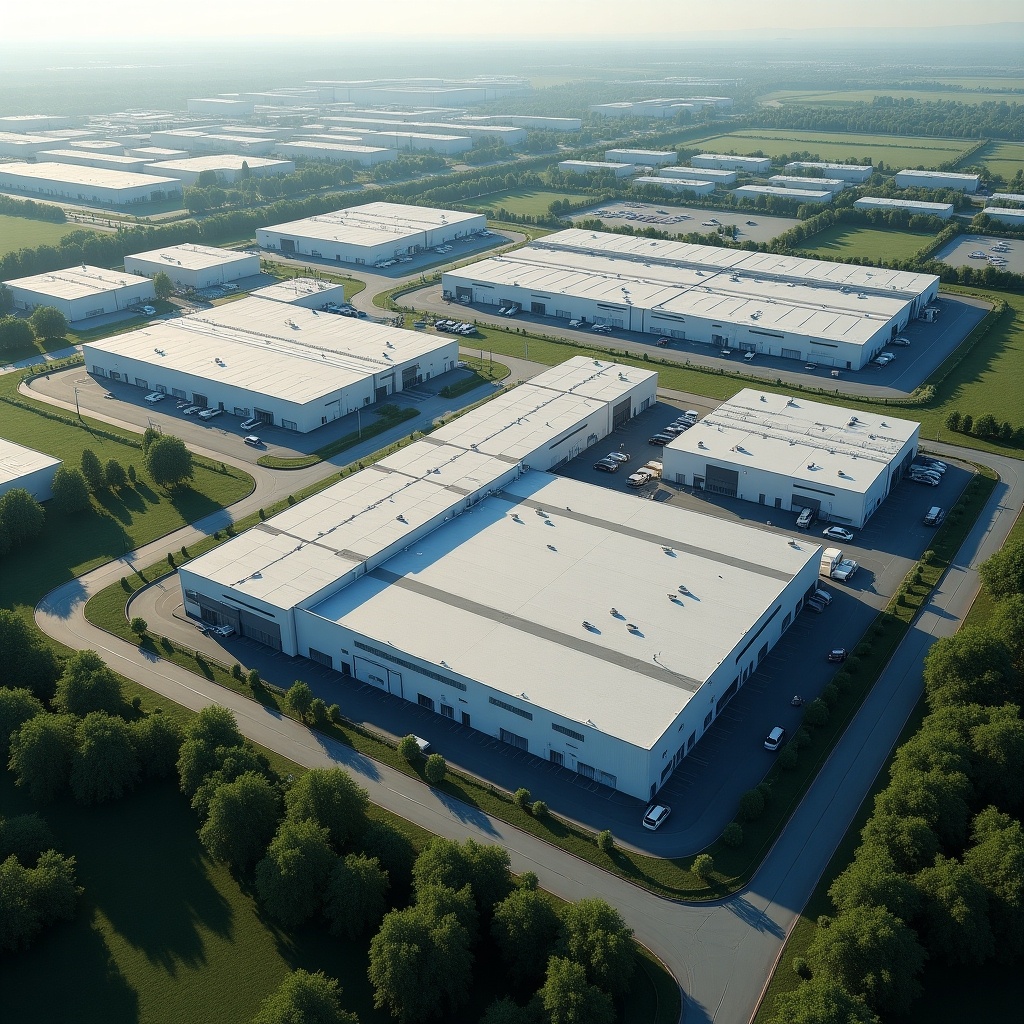 Aerial image showing an industrial area with large warehouses and logistics buildings. The scene includes surrounding roads and green vegetated spaces.