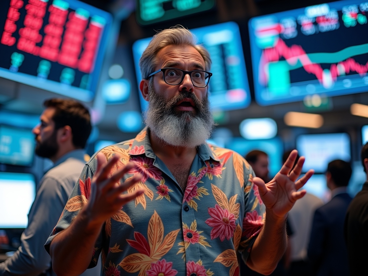 This image captures a financial expert passionately discussing market trends. The man, dressed in a brightly colored floral shirt, is animatedly presenting to an audience. Multiple digital screens in the background display stock prices and market graphs. The environment is vibrant and dynamic, indicating a bustling trading floor. The contrast between his casual attire and the high-stakes setting adds an interesting juxtaposition that reflects modern business culture.