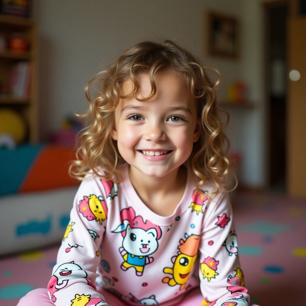 A 7-year-old girl in playful attire sits on a colorful playroom floor. Bright colors and soft lighting create a cheerful atmosphere. The girl wears a shirt and a diaper, showcasing a playful design.