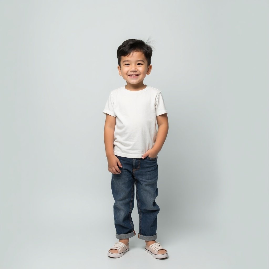 Young boy stands upright against light gray background. He smiles naturally. Soft lighting creates calm atmosphere. Confident and relaxed pose showcases playfulness. Minimalistic style focuses on subject.