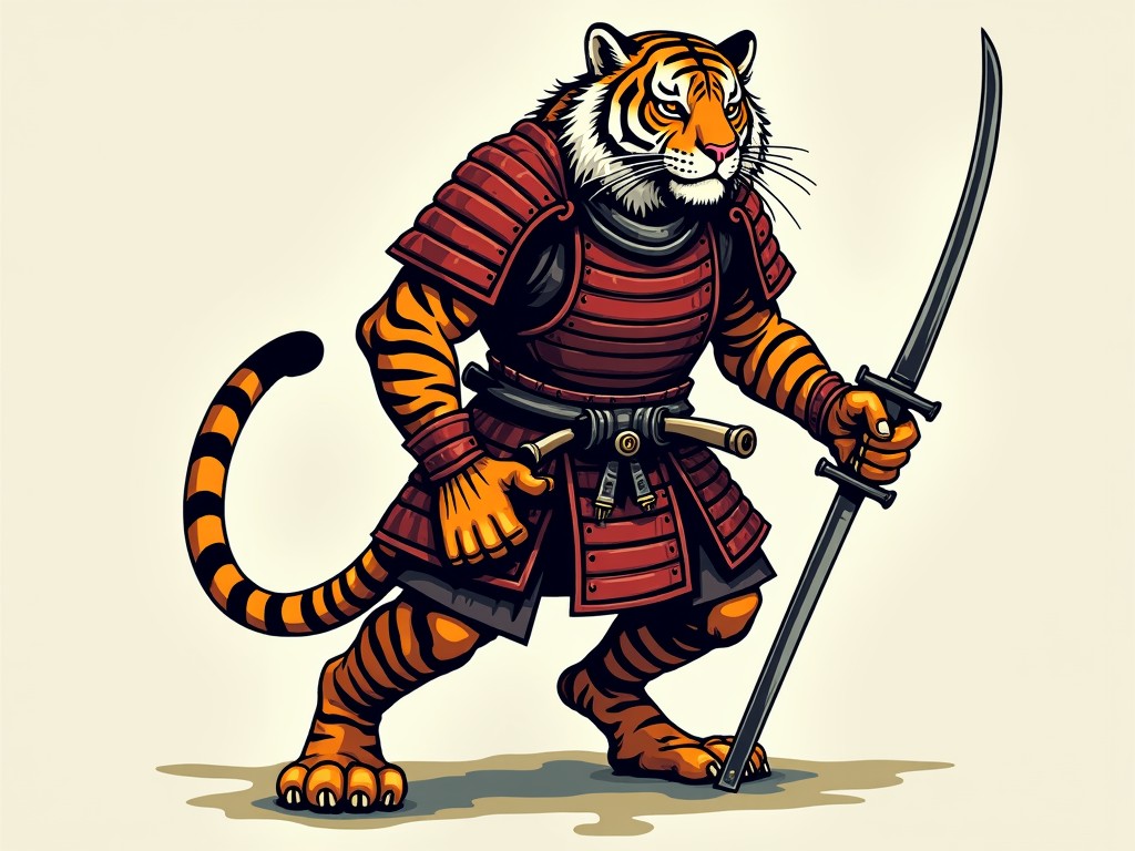 This illustration depicts a tiger dressed in samurai armor, holding a traditional Japanese katana. The tiger's vivid orange and black stripes stand out against the muted tones of the armor, creating a striking contrast. The image merges Asian martial artistry with the raw power of a tiger, evoking a sense of strength and nobility.