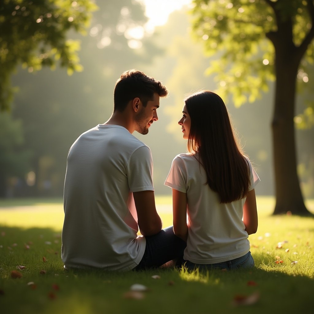 A couple sitting closely together in a park, the male resting in the lap of the female. Both are enjoying a serene moment in nature.