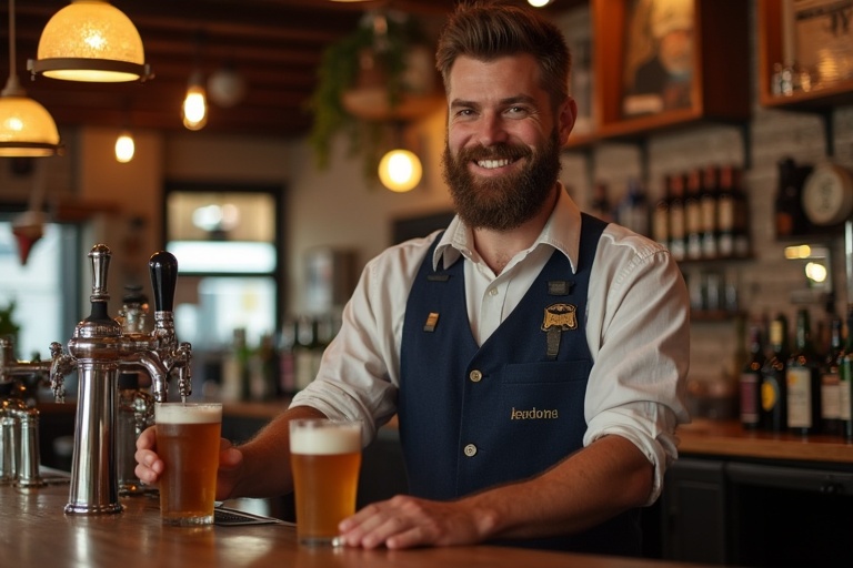 A landlord stands behind the counter. He draws a beer. The environment is warm and inviting. The setting has multiple bottles in the background. An experienced bartender shows attention to detail. The decor is friendly and welcoming.