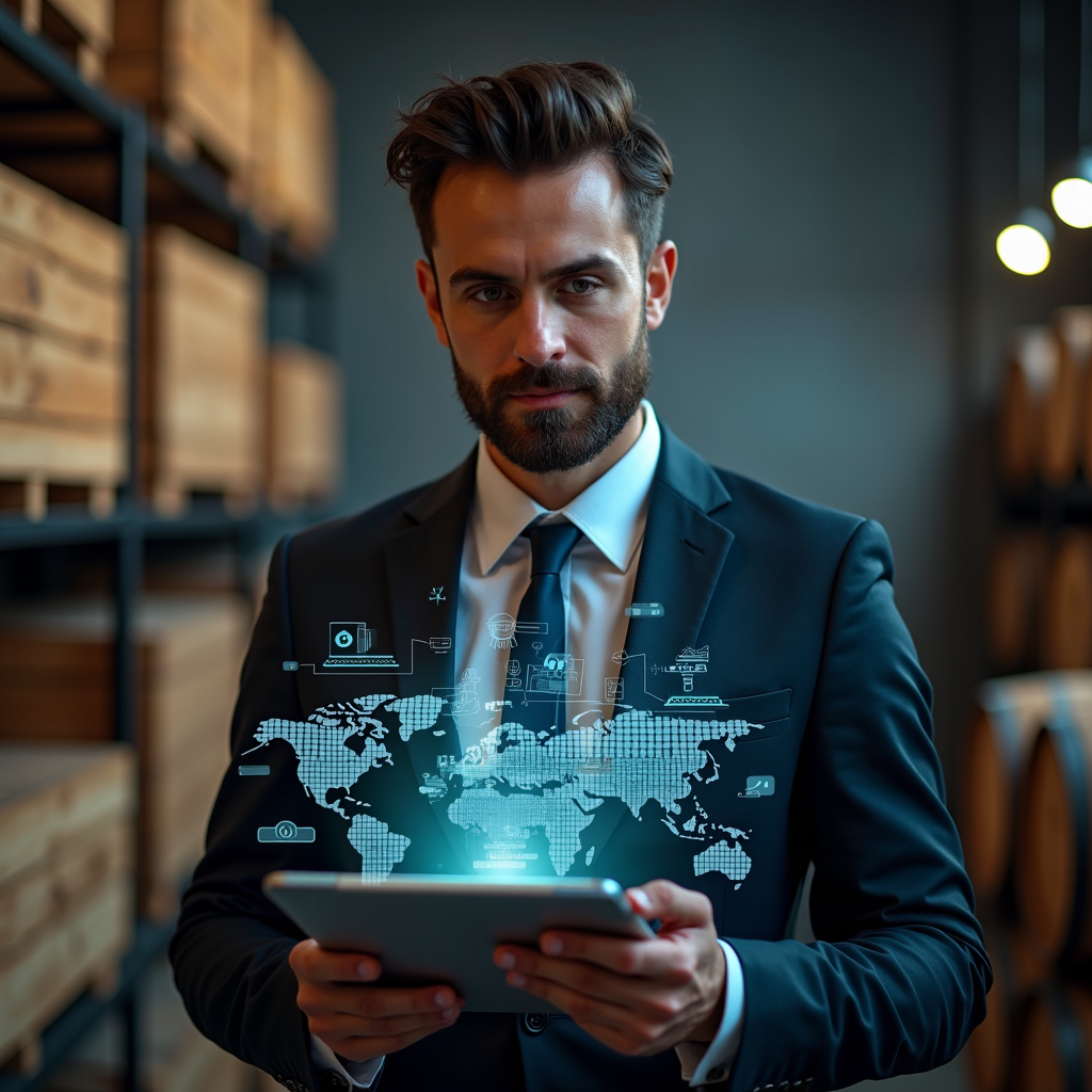 A businessman in a sleek suit stands confidently, holding a tablet with a digital world map and holographic icons emanating from it, set against a modern warehouse backdrop.