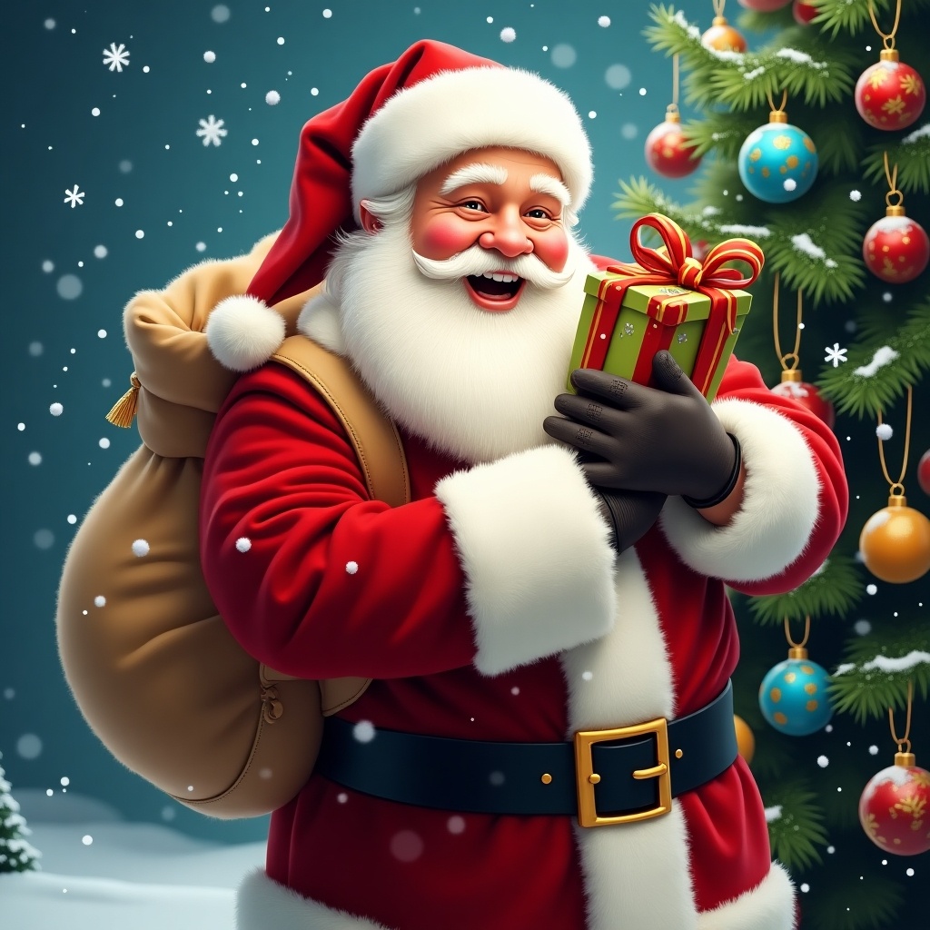 Santa Claus with a bag of gifts standing beside a decorated Christmas tree. Snowflakes fall around him. He smiles while holding a present.