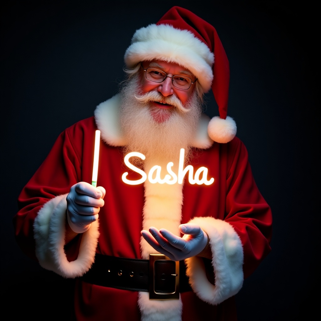 Image of Santa Claus in a red and white suit. Holding a glow stick forming the name Sasha in bright light. Santa's expression is joyful and warm. Dark background enhances the glow of the text. Captures the magic of Christmas.