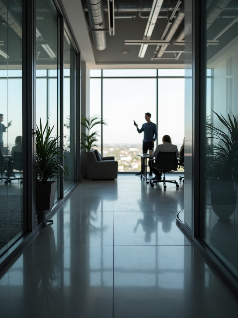 Office interior showcasing a modern design with a focus on natural light and a view. Large windows and reflective flooring create a spacious feel. Green plants add a touch of nature. Silhouettes of people indicate activity.