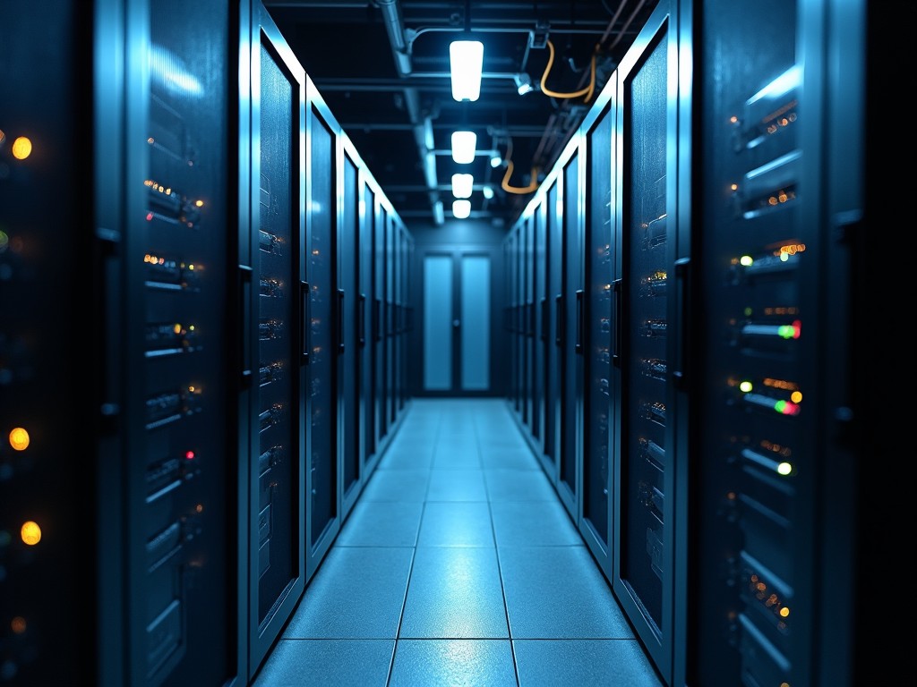 This image showcases the interior of a modern data center. Rows of server racks are illuminated by fluorescent lights, creating a cool blue atmosphere. The perspective is from a low angle, emphasizing the height of the racks. The floor is tiled, giving a clean and organized appearance. Numerous lights faintly glow on the server panels, indicating activity within the systems. This space represents the backbone of digital infrastructure, pivotal for data storage and processing.