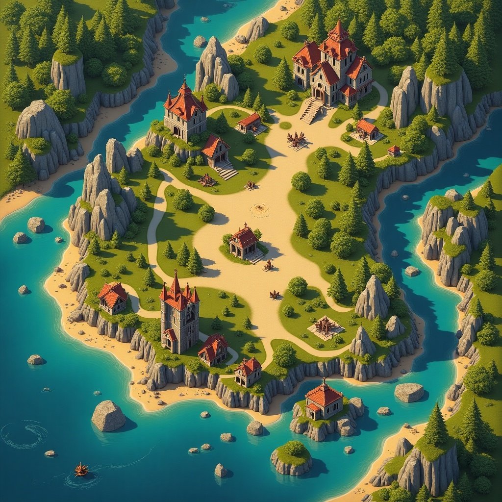 Top view of a game map showcasing various landmarks on an island. Includes buildings, trees, and water features. Vibrant colors create a lively atmosphere.