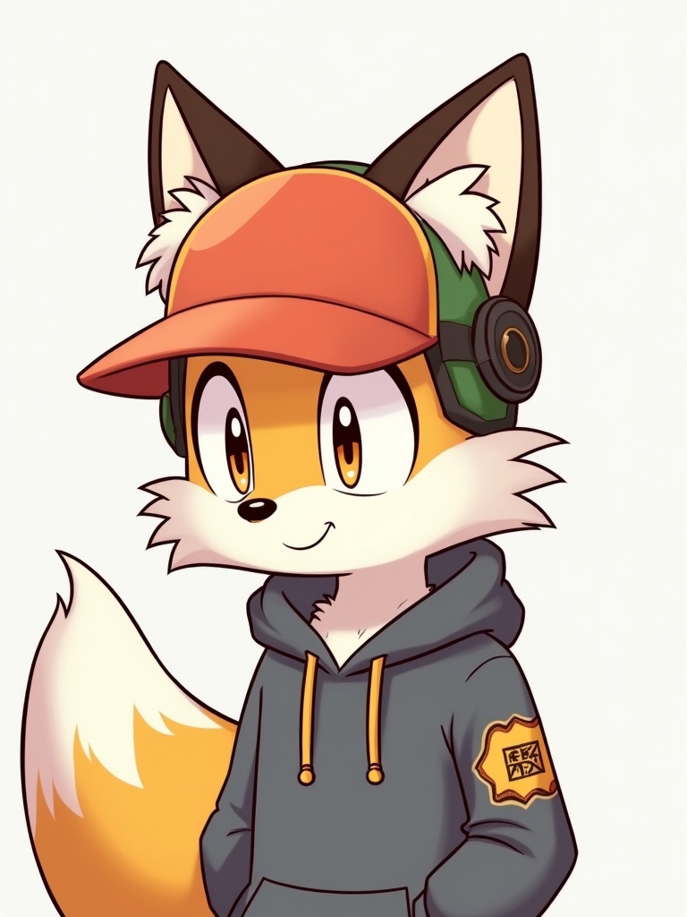 Illustration of a cartoon fox character. The character has large ears and bushy tail. Character wears a hoodie and headphones. The setting is minimal with no background.