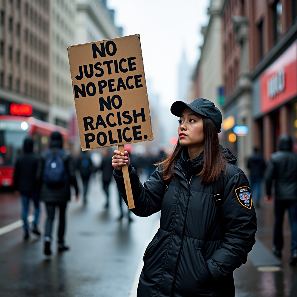 A protester holding a sign saying 'No Justice No Peace No Racist Police' in a city street.