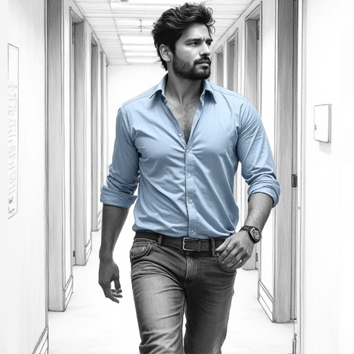 Pencil sketch of a man in a light blue shirt and dark jeans. He stands in a corridor with a deep breath, showing exhaustion and resolve. The image has a monochrome style with high contrast and smooth shading.