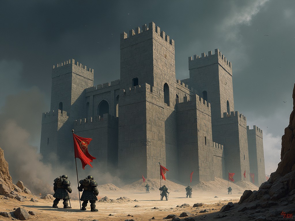 A massive, imposing fortress in a desert landscape, surrounded by armored soldiers carrying red flags. The scene is dramatic and atmospheric with a cloudy sky.