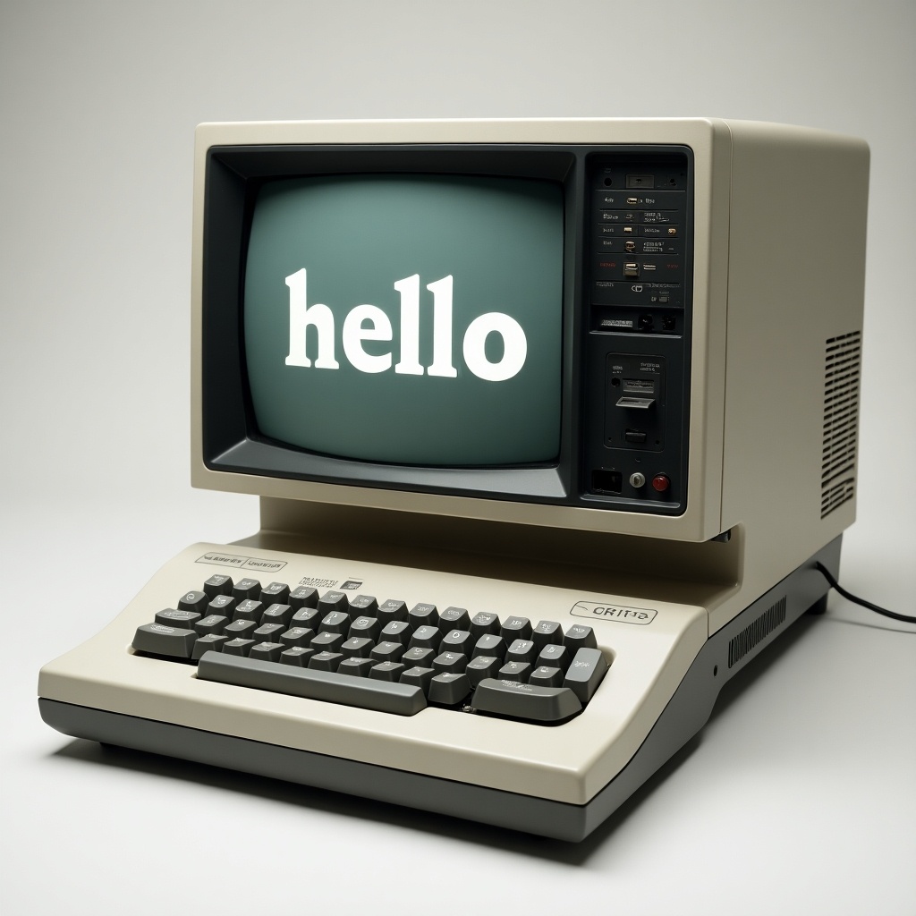 Vintage personal computer features a bulky design. The screen shows the word 'hello' in a large font. Monochrome display signifies retro technology.