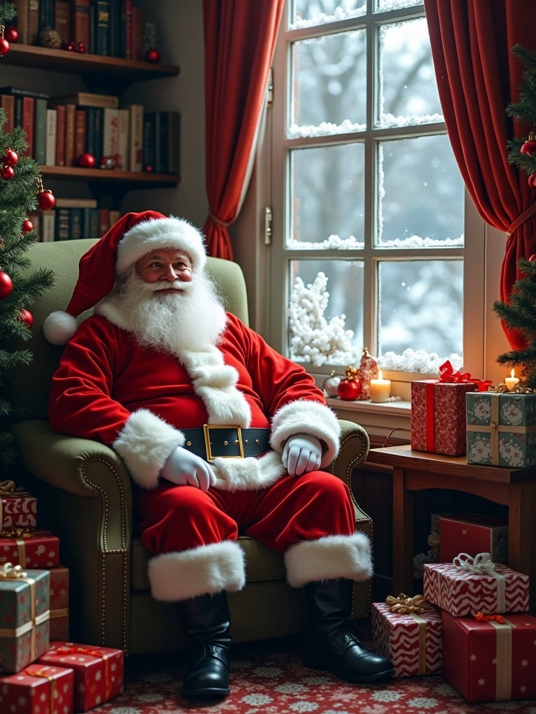 Santa Claus sitting in a cozy room surrounded by gifts. Christmas decorations are present and snow is visible outside the window.