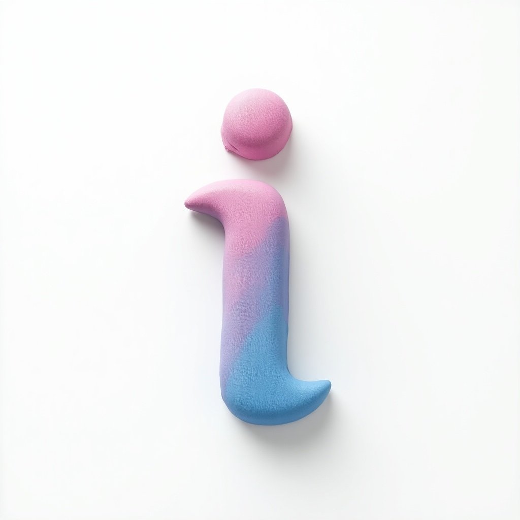 Logo animation creation featuring letter '(i)'. Plain white background suggestions of openness. Textured glossy letter design mimicking a neutral gender human body. Gradient color scheme from pink to blue. Strategic shadows highlight texture and lifelike quality.