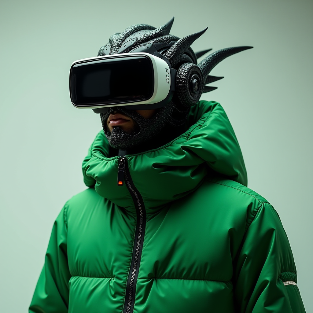 A person in a green puffer jacket wears a unique virtual reality headset with dragon-like details.