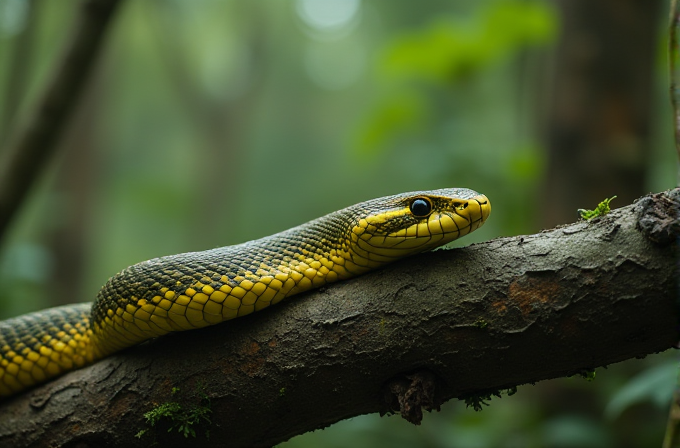 A vibrant yellow and green snake rests on a tree branch in the forest.