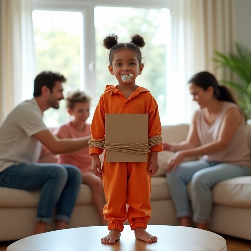 Bright living room scene. 10 year old girl in orange jumpsuit stands on table. Child wears a pacifier and a cardboard sign. Child has hands tied up. Mother acts like a seller. Father and grandparents pretend to buy. Atmosphere is playful and fun. Furniture and natural light fill the room.